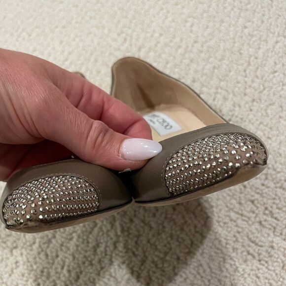 EUC Jimmy Choo Taupe Crystal Tip Leather Heels Nappa Taupe Sz. 36.5 - Picture 10 of 10
